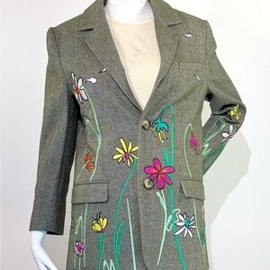 MIRA MIKATI Floral Embroidered Notched-Lapels Green Blazer Size: Small. NWOT